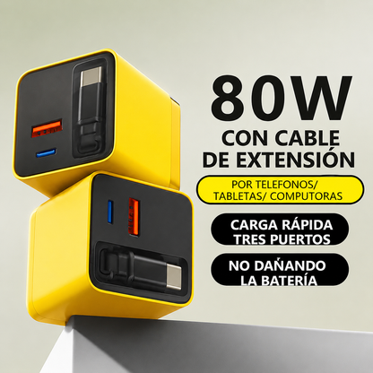 Cargador Rápido 3 en 1 Retráctil 80W | Compatible con iPhone, Android y USB-C